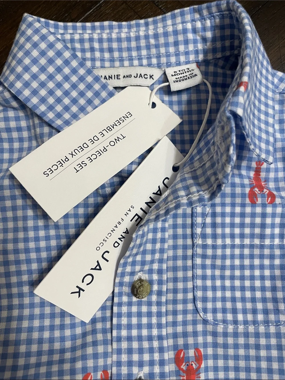 Janie and Jack Light Blue Gingham Shirt with Red Lobster Embroidery